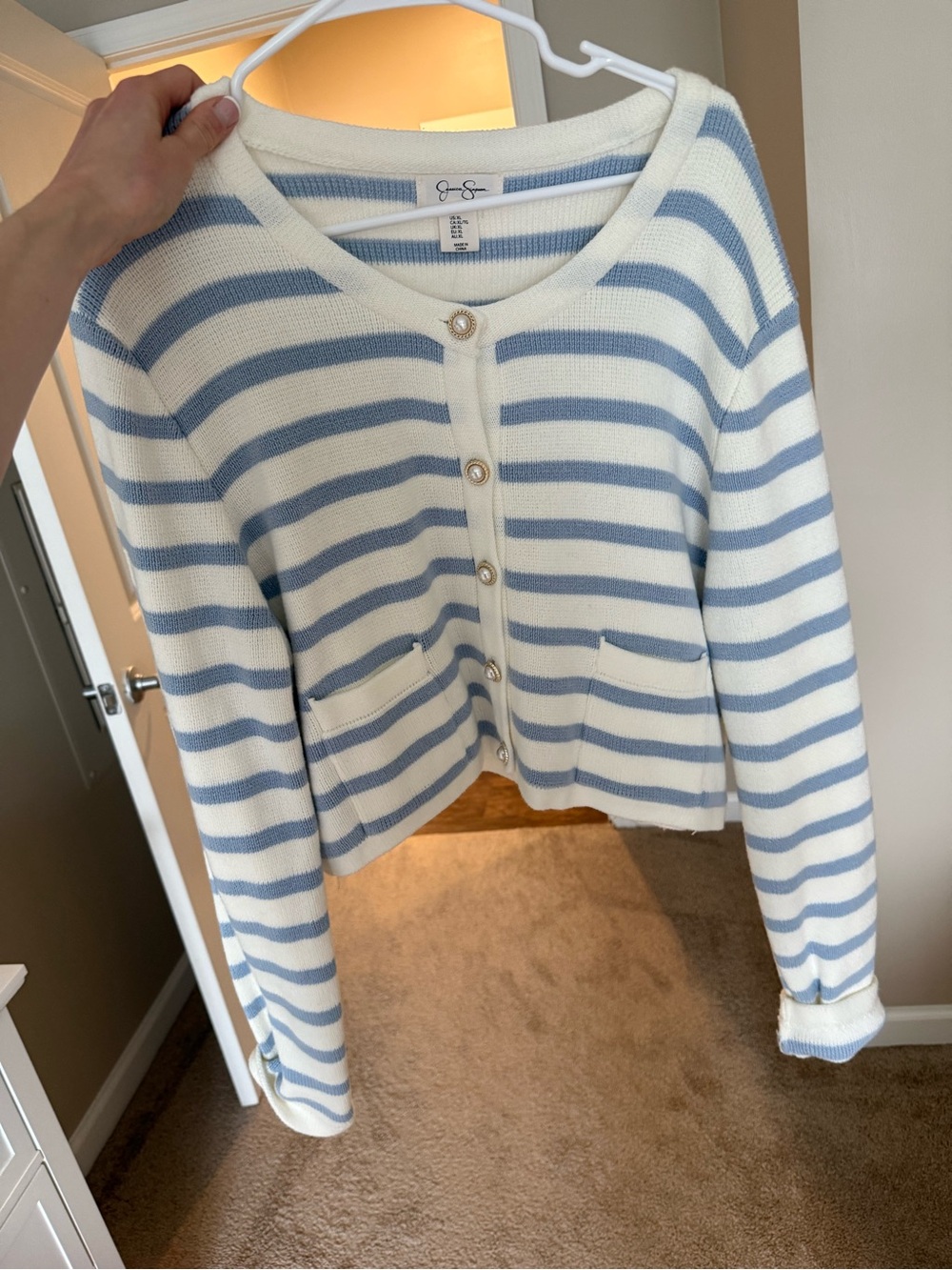 Jessica Simpson Cream and Light Blue Striped Cropped Cardigan